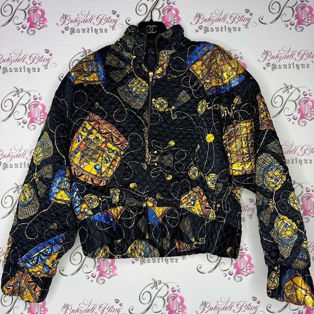 Italy jacket quilted shiny baroque pattern fall weather zip up vintage tassels